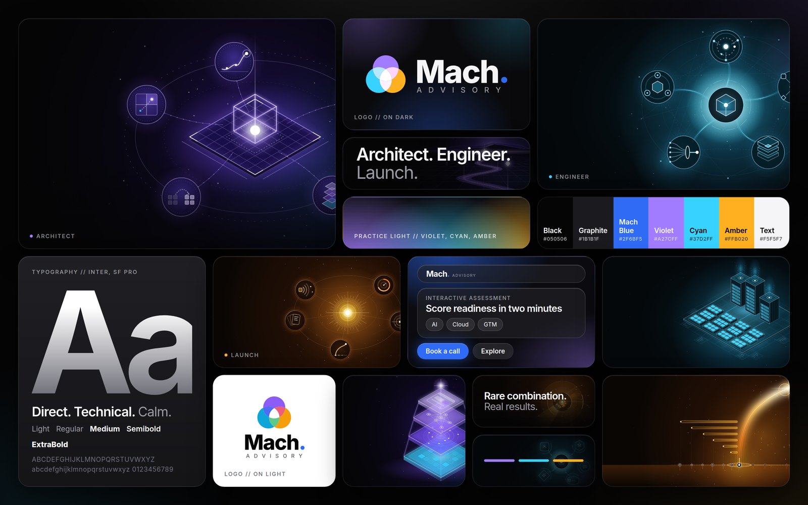 Mach Advisory mood board: animated-art frames for all three practices, colour chips, type, logo, voice and glass UI