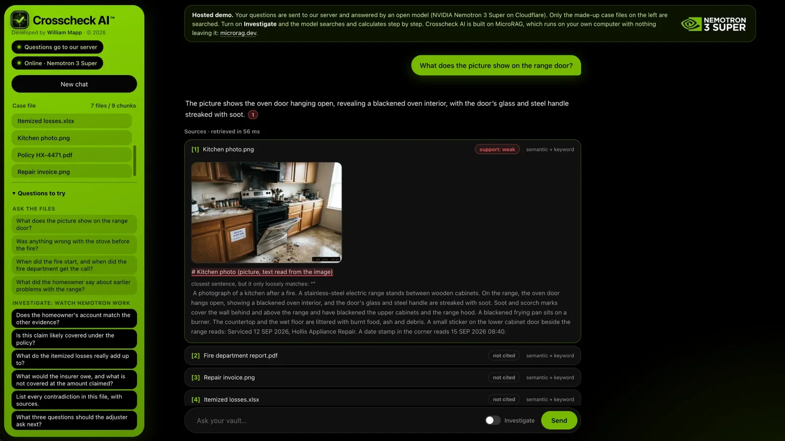 Screenshot of the Crosscheck AI demo answering a question about a kitchen photo, with its sources shown