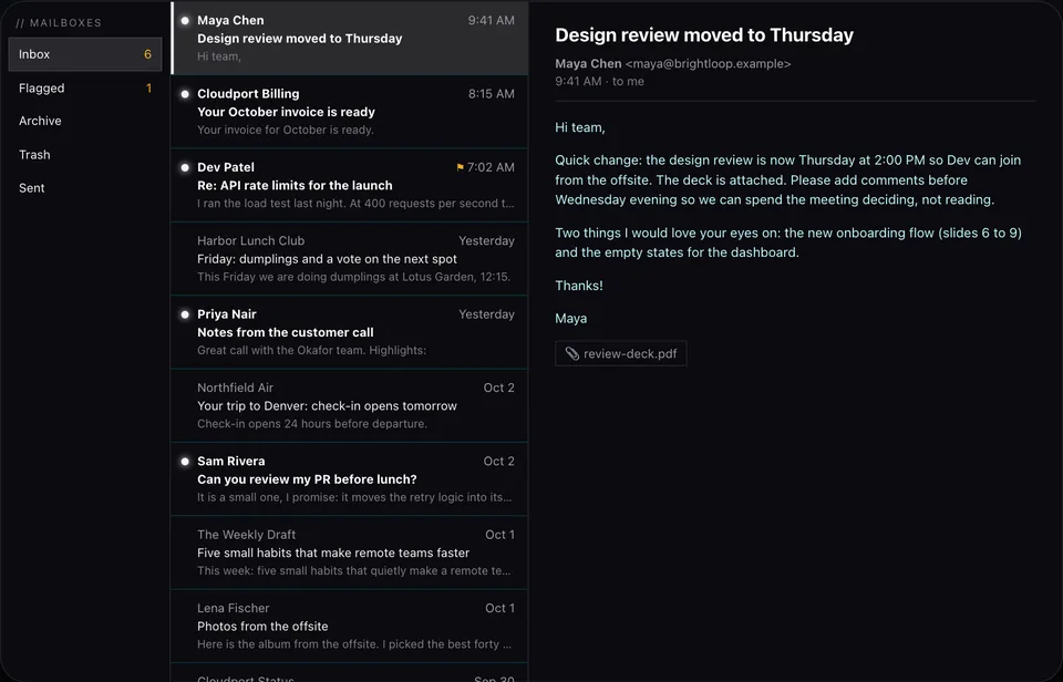 Screenshot of the Hand mail demo