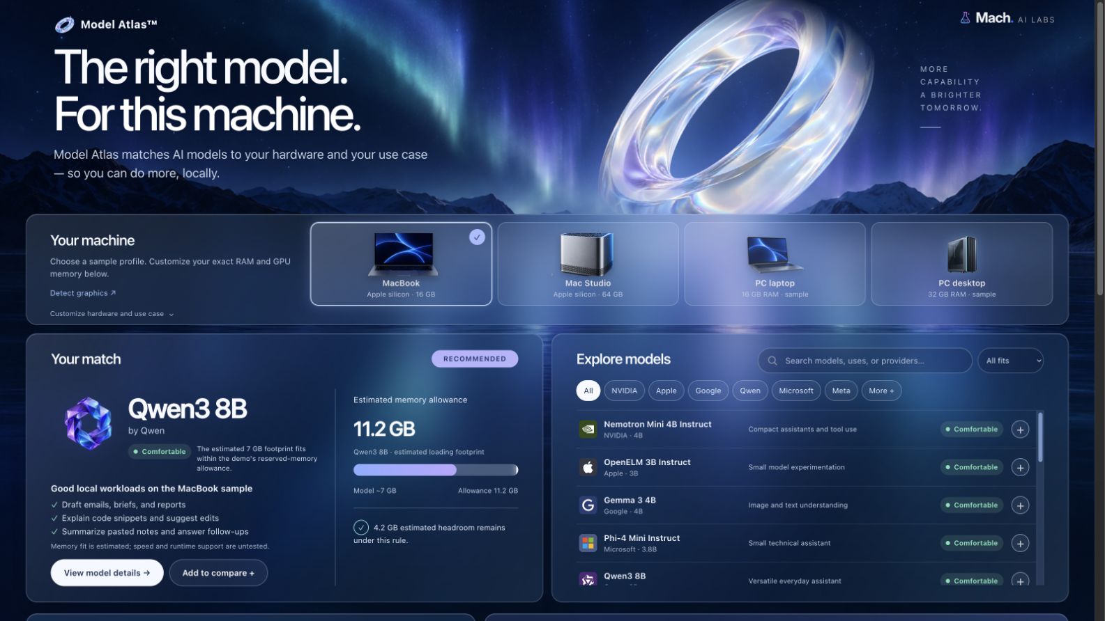 Model Atlas demo showing machine profiles, a recommended model and the model explorer