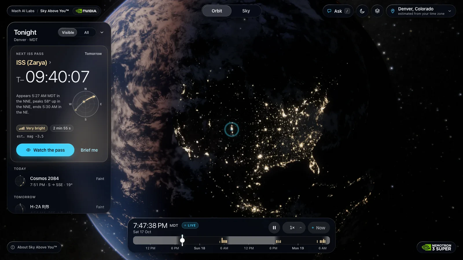 Sky Above You showing the Earth at night from orbit with city lights over North America and a card counting down to the next bright International Space Station pass